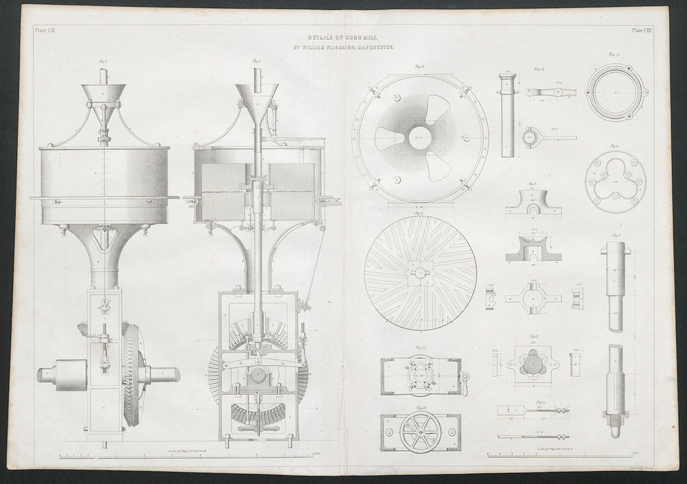 19C ENGINEERING DRAWING Details of corn mill. William Fairbairn, Manchester 1847