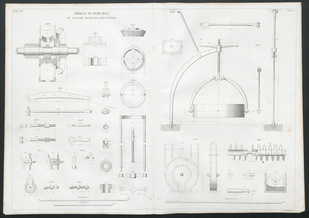 19C ENGINEERING DRAWING Corn mill details. William Fairbairn, Manchester 2 1847