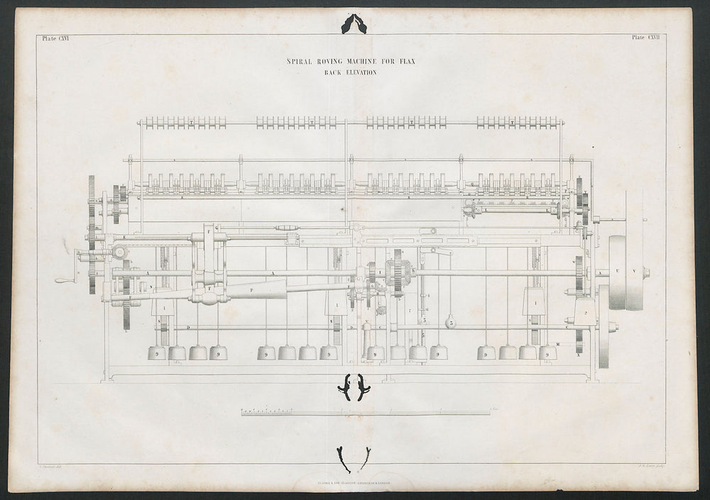 VICTORIAN ENGINEERING DRAWING Spiral roving machine for flax, back 1847 print