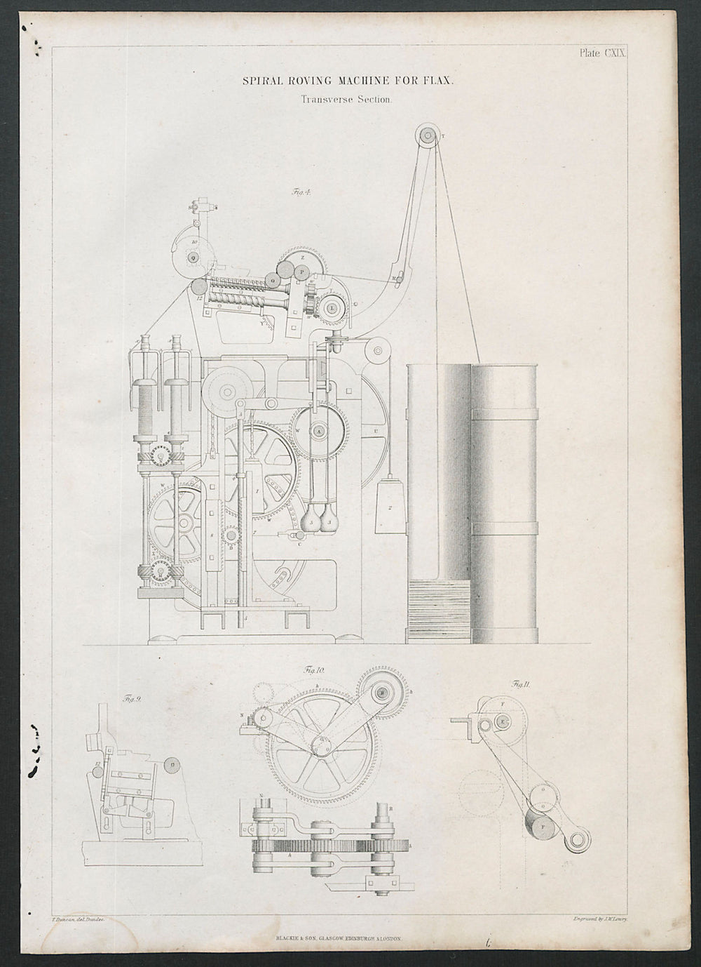VICTORIAN ENGINEERING DRAWING Spiral roving machine for flax, section 1847