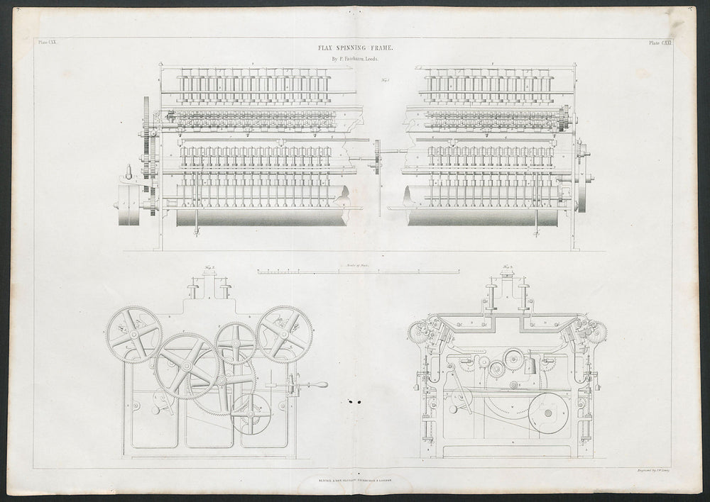 VICTORIAN ENGINEERING DRAWING Flax spinning frame by P. Fairbairn, Leeds 1847