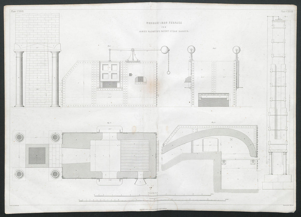 19C ENGINEERING DRAWING Wrought iron furnace. Nasmyth's patent steam hammer 1847
