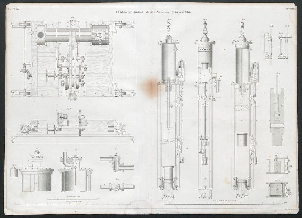 VICTORIAN ENGINEERING DRAWING James Nasmyth's steam pile driver details 1847