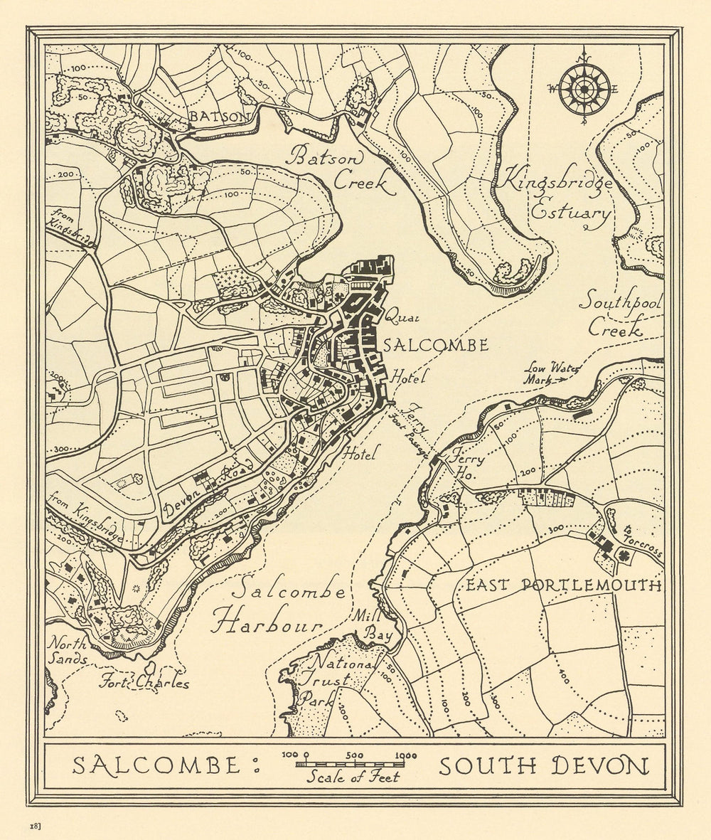 Town plan of SALCOMBE Devon by William Harding Thompson 1932 old vintage map