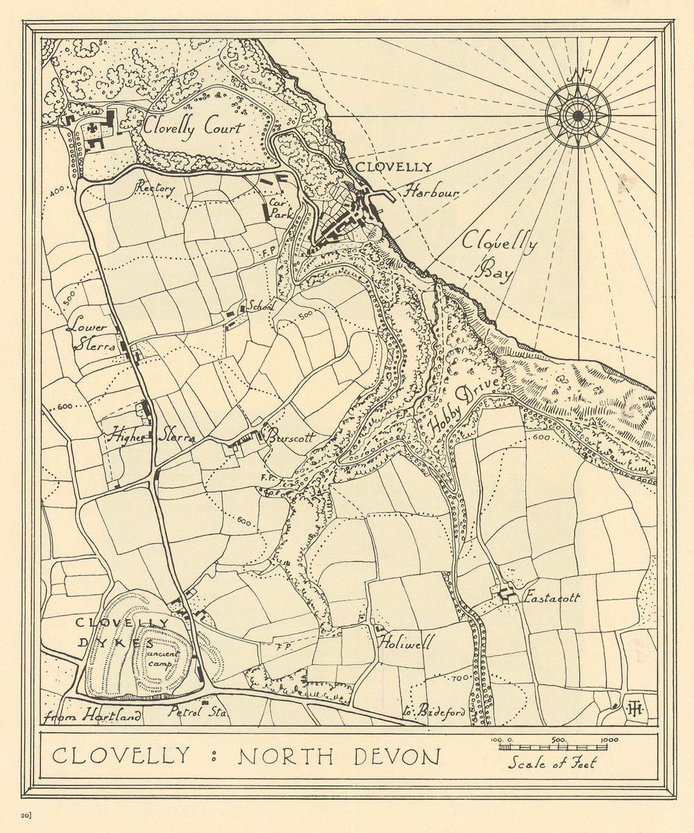 Town plan of CLOVELLY Devon by William Harding Thompson 1932 old vintage map