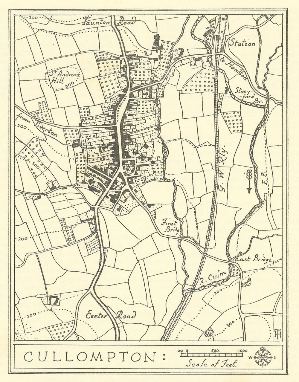 Town plan of CULLOMPTON Devon by William Harding Thompson 1932 old vintage map