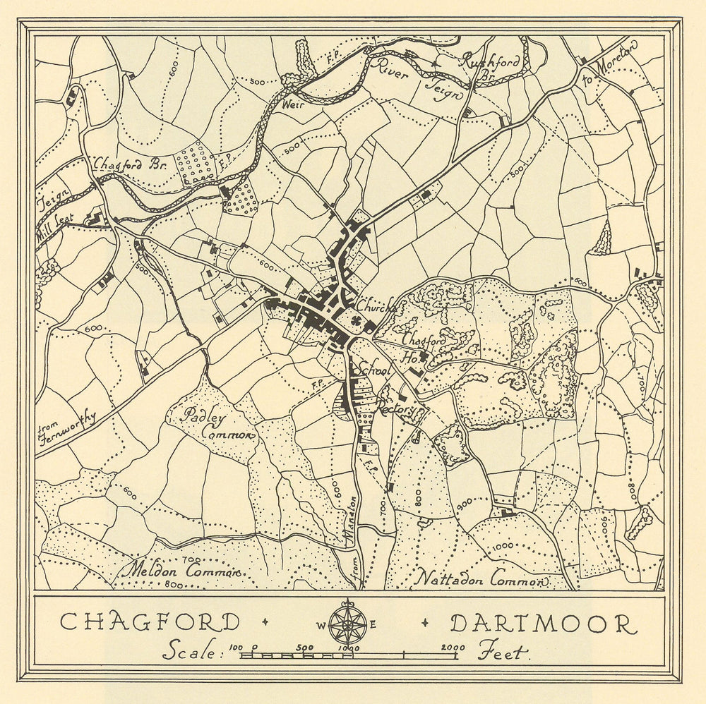 Town plan of CHAGFORD Dartmoor Devon by William Harding Thompson 1932 ...