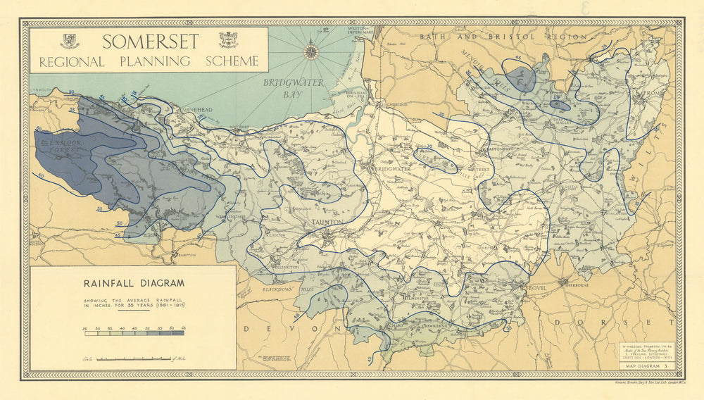 Somerset rainfall diagram by William Harding Thompson 1934 old vintage map