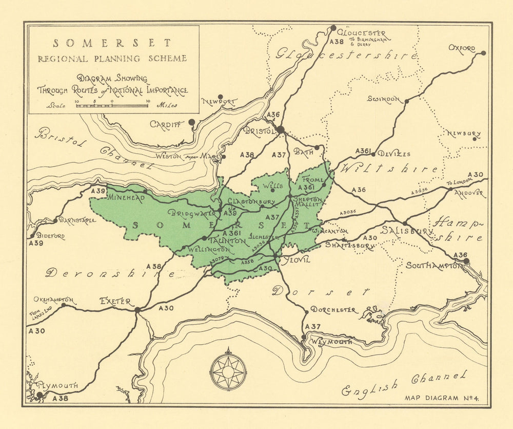 Somerset showing through routes A Roads. Pre-motorways. THOMPSON 1934 old map