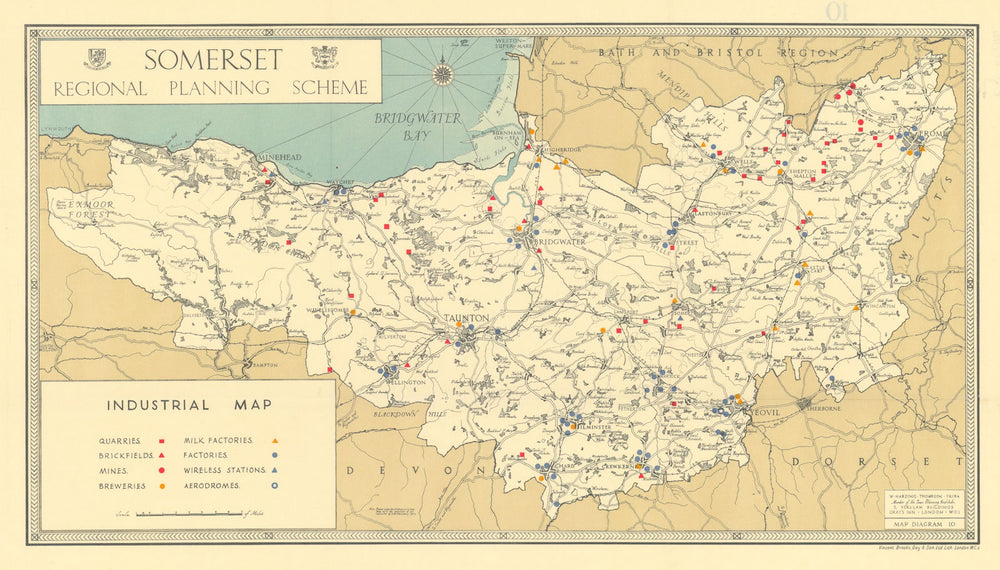 Somerset Industries. Breweries mines quarries factories bricks THOMPSON 1934 map