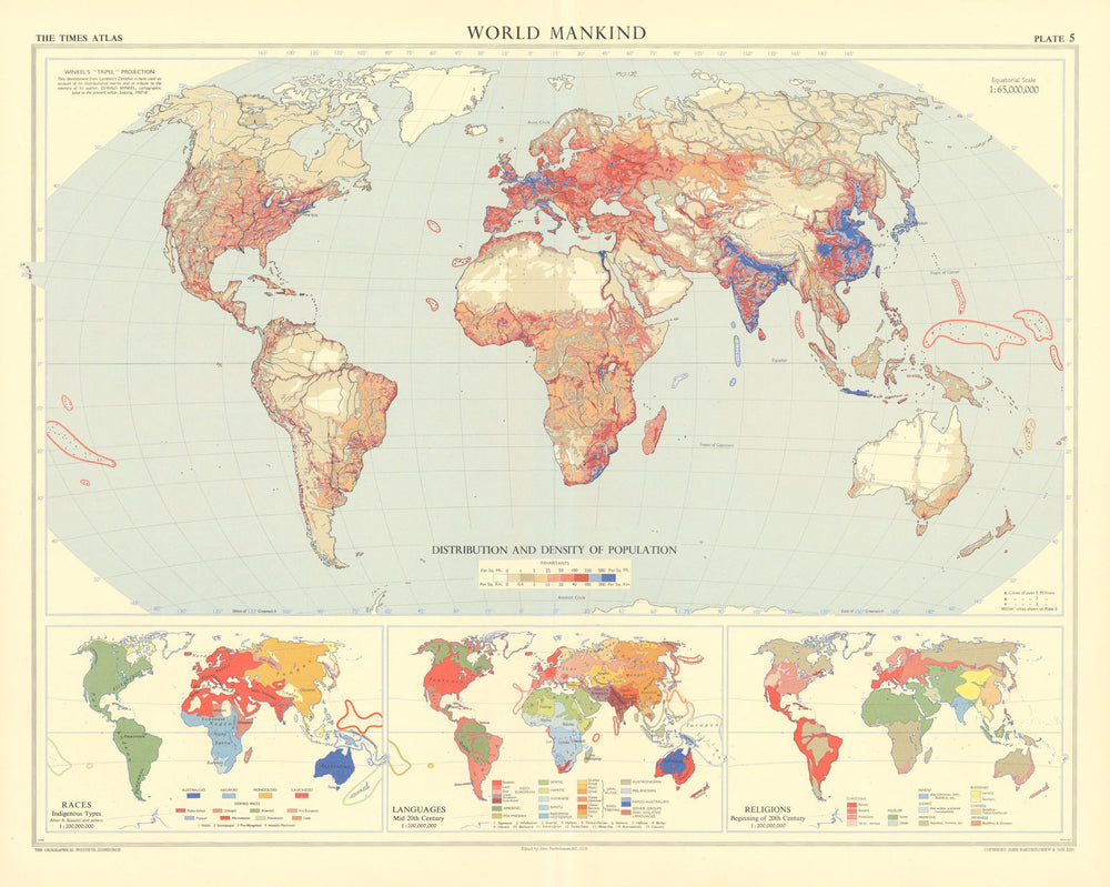 World Mankind. Population Races Languages & Religions. TIMES 1958 old map