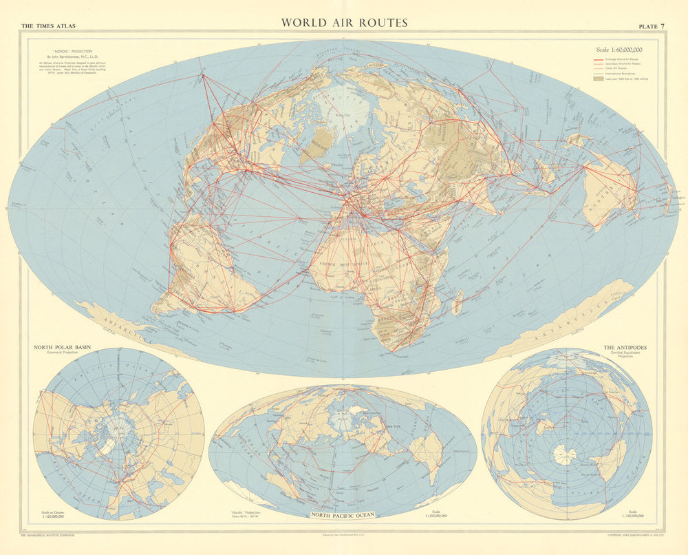 World air routes - Nordic projection. TIMES 1958 old vintage map plan chart