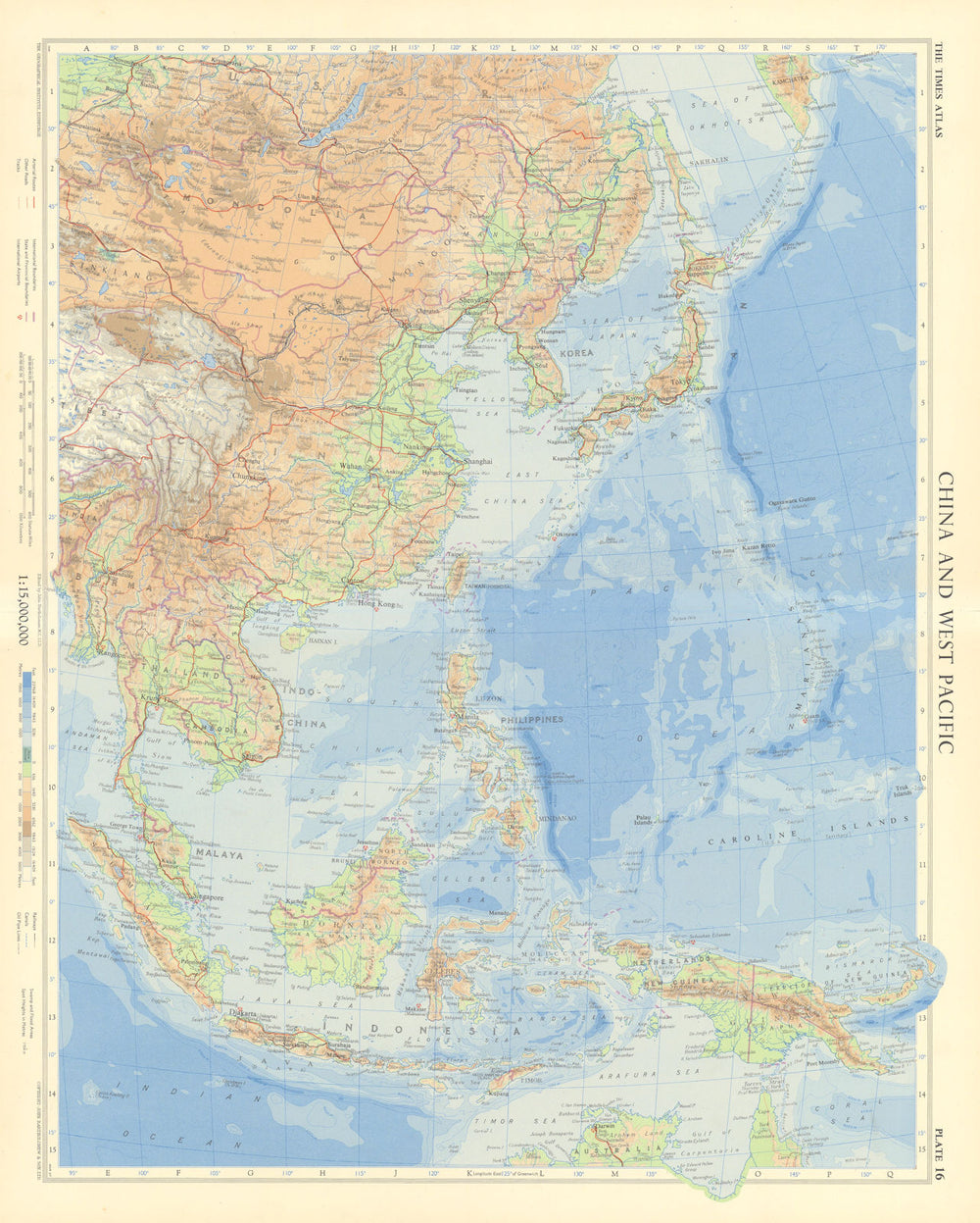 China and western Pacific. East Asia Indonesia Philippines. TIMES 1958 old map