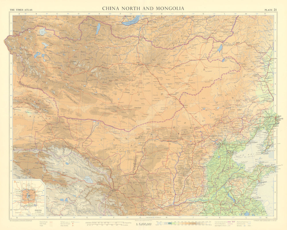 Northern China & Mongolia. Peking plan. TIMES 1958 old vintage map chart