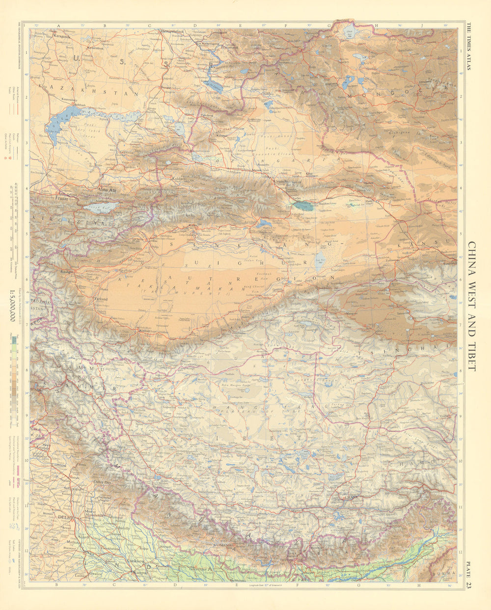 Western China & Tibet. Himalayas. Nepal & Bhutan. TIMES 1958 old vintage map