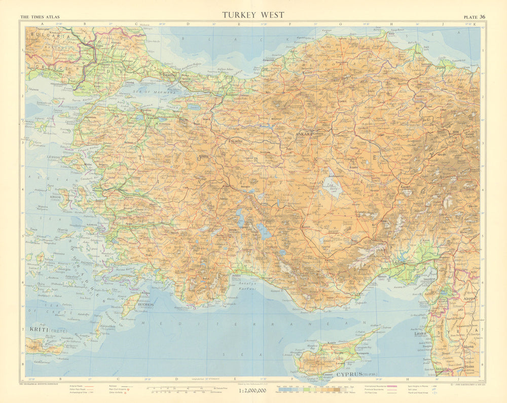 Western Turkey. Anatolia Aegean Cyprus. TIMES 1959 old vintage map plan chart