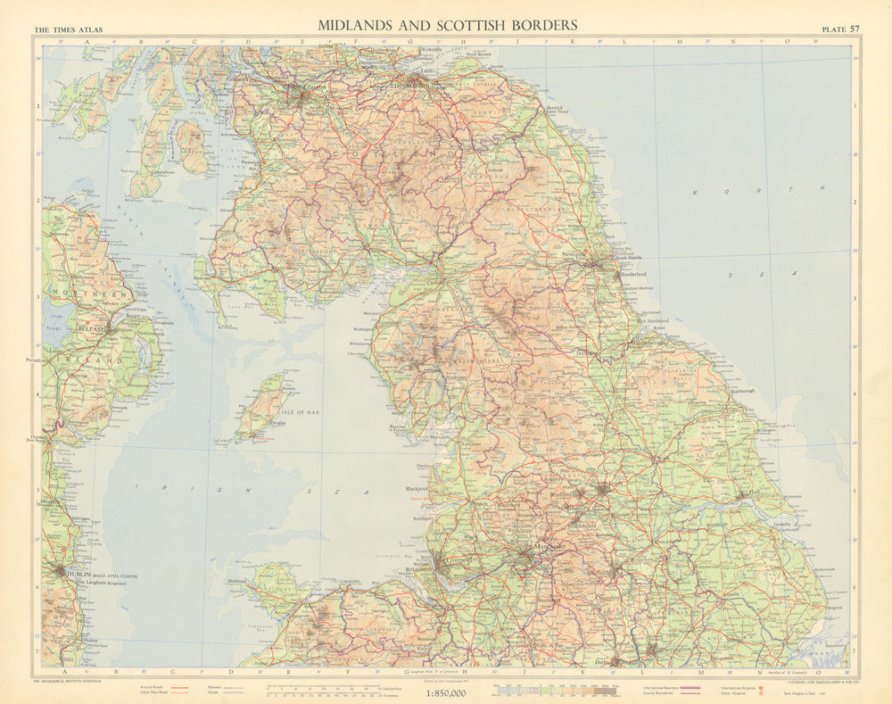 Northern England & Wales. Scottish borders. Roads pre motorways. TIMES 1955 map