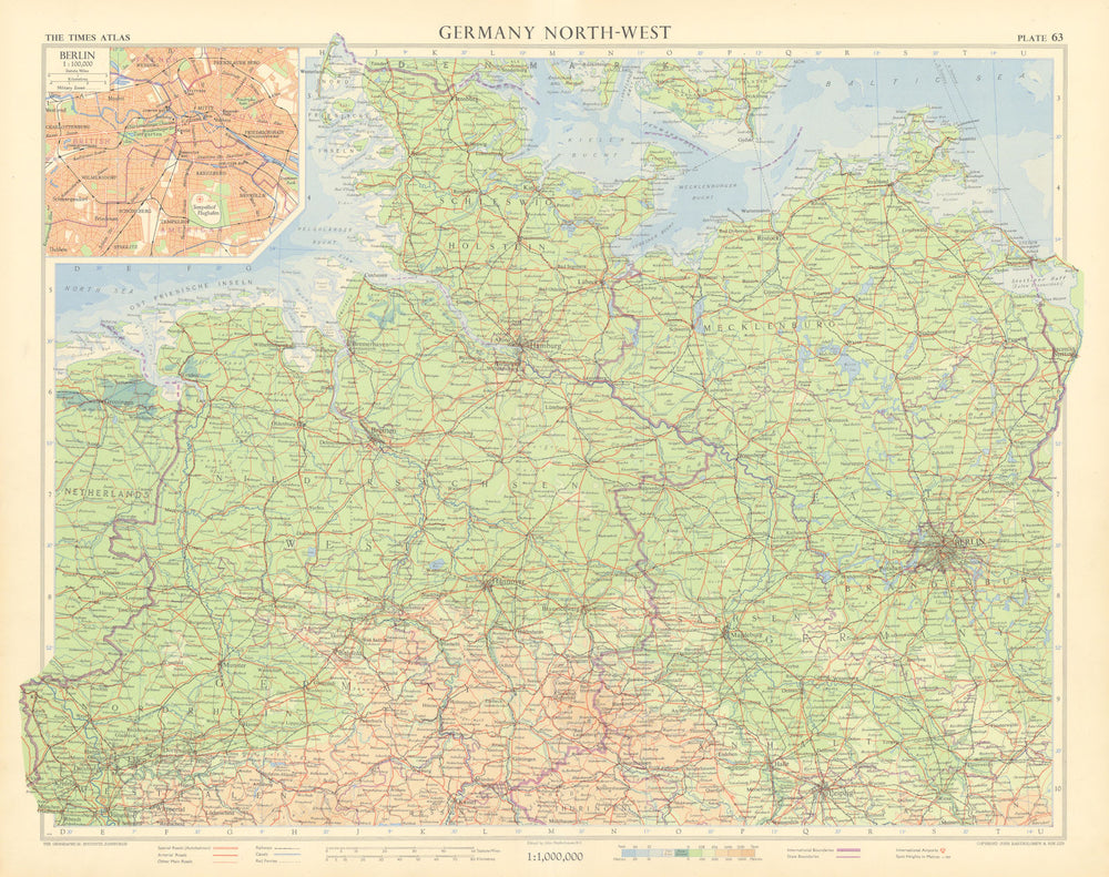 Northern Germany. Berlin plan. Road network autobahnen. TIMES 1955 old map