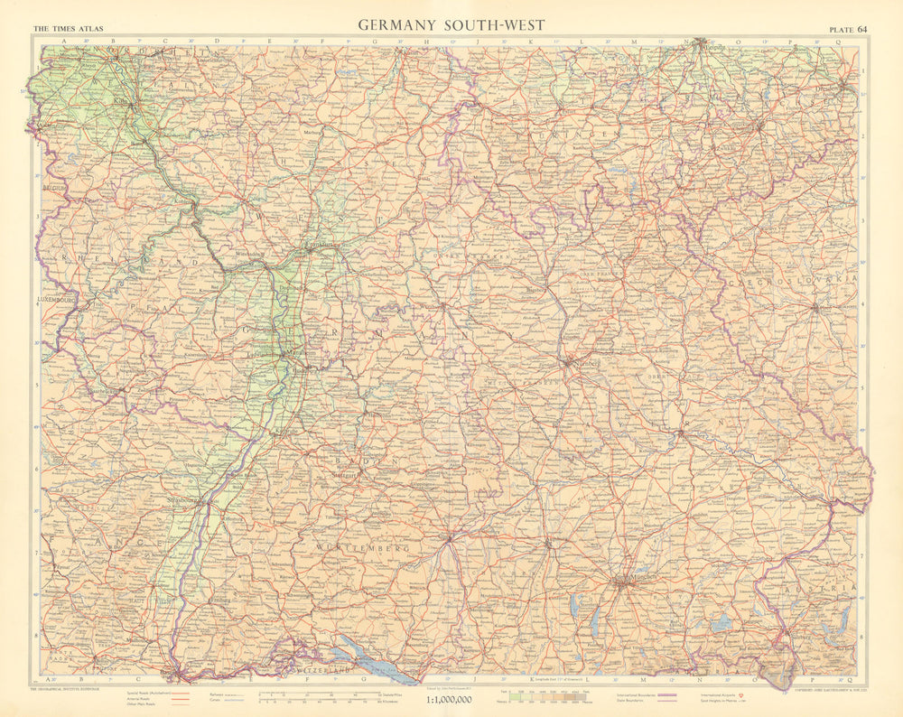 Germany south-west. Bavaria Bayern & Baden-Wurttemberg. TIMES 1955 old map