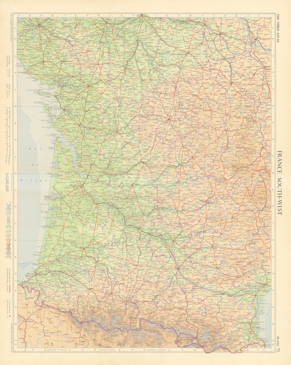 France south-west. Aquitaine Occitanie. TIMES 1955 old vintage map plan chart