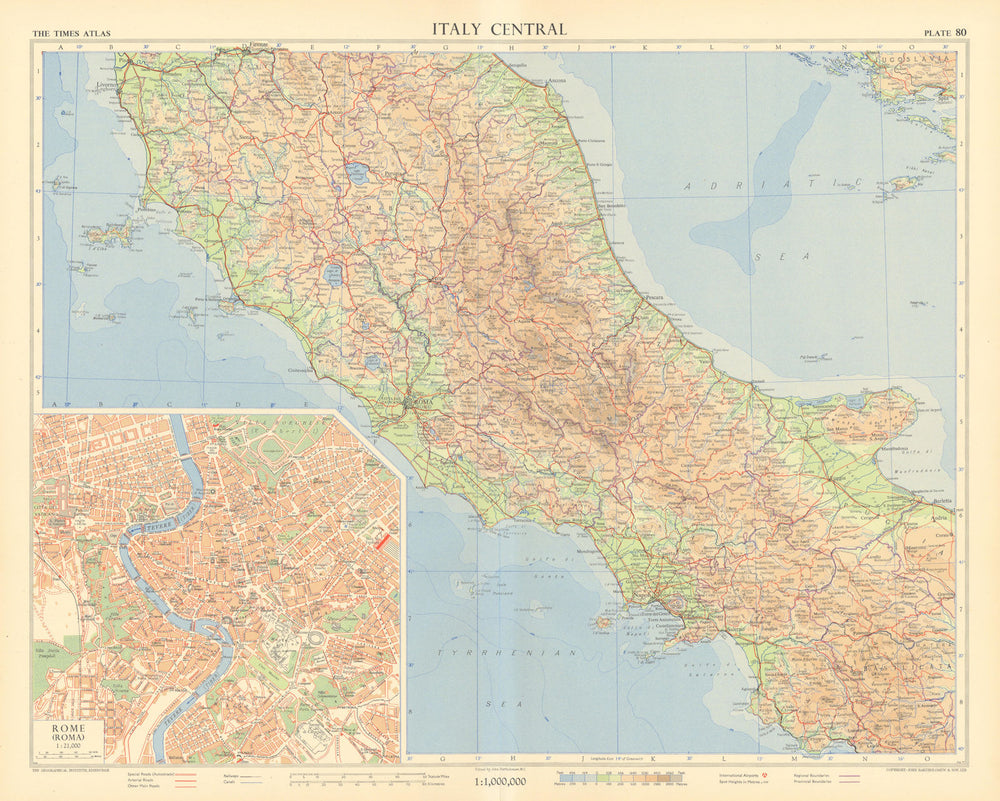 Italy central. Rome plan. Road network Autostrade. TIMES 1956 old vintage map