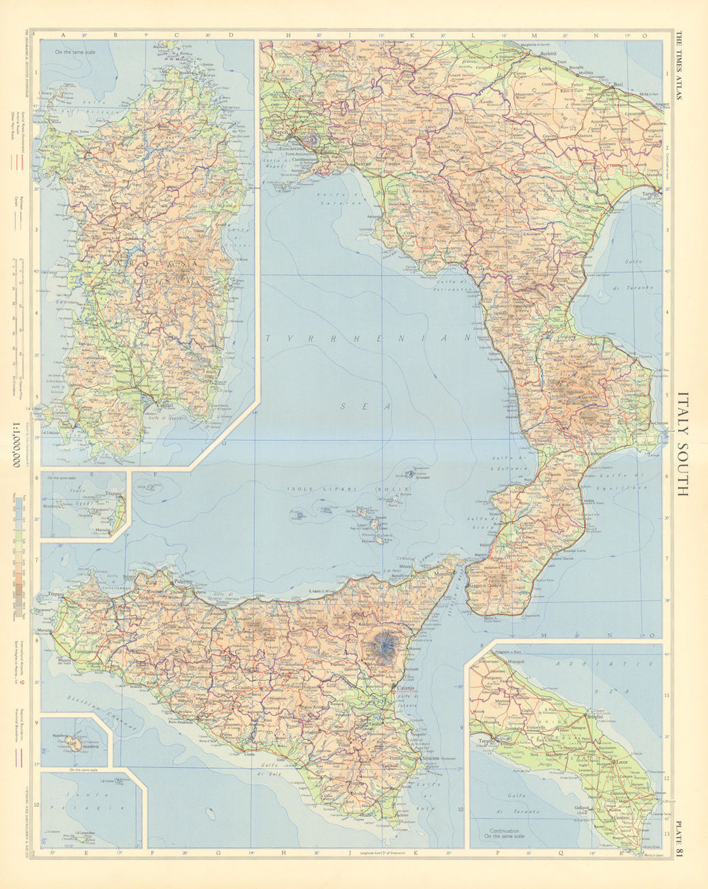 Italy south. Road network. Autostrade. TIMES 1956 old vintage map plan chart
