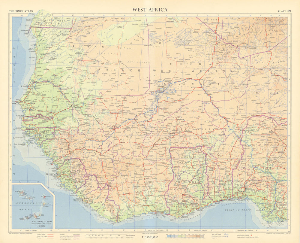 French West Africa. Gold Coast. Sahara desert sand dunes. TIMES 1956 map