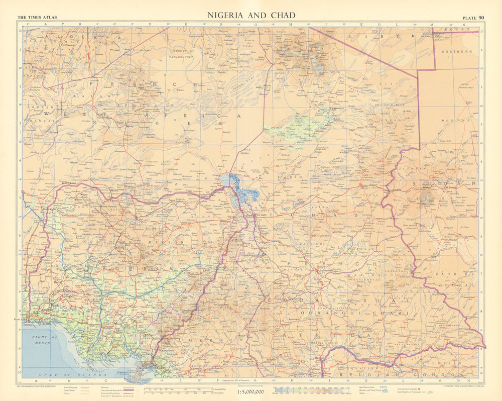Nigeria & Chad. French West & Equatorial Africa. Cameroon. TIMES 1956 old map