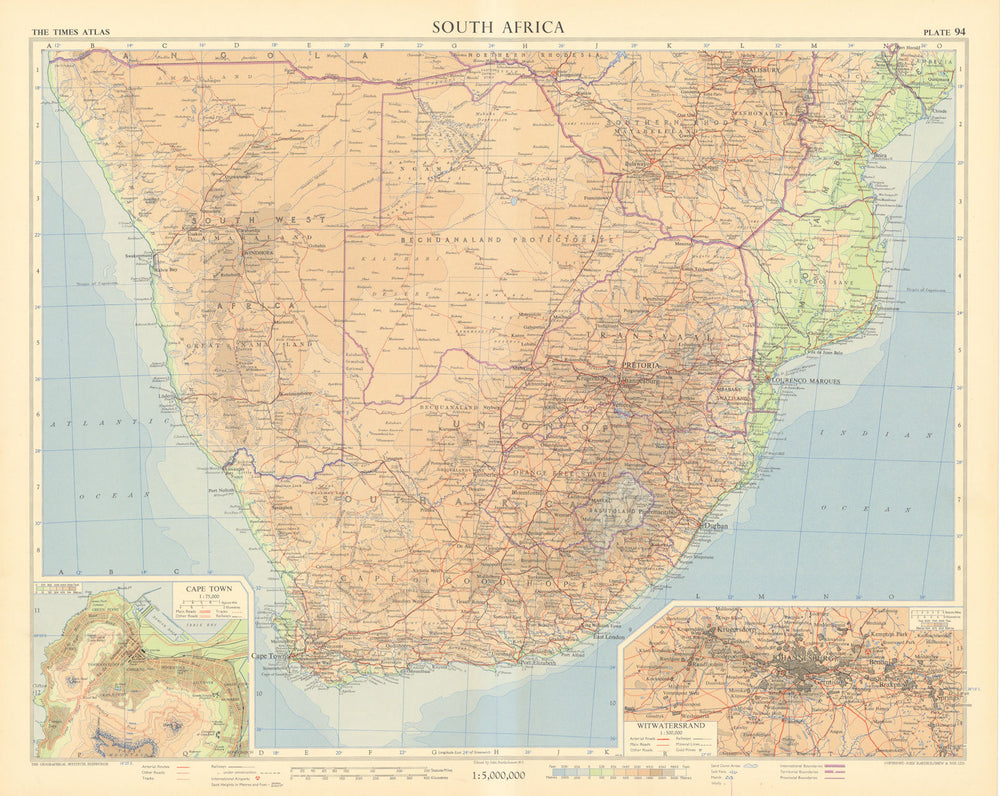 Southern Africa. Cape Town environs. Witwatersrand Johannesburg. TIMES 1956 map