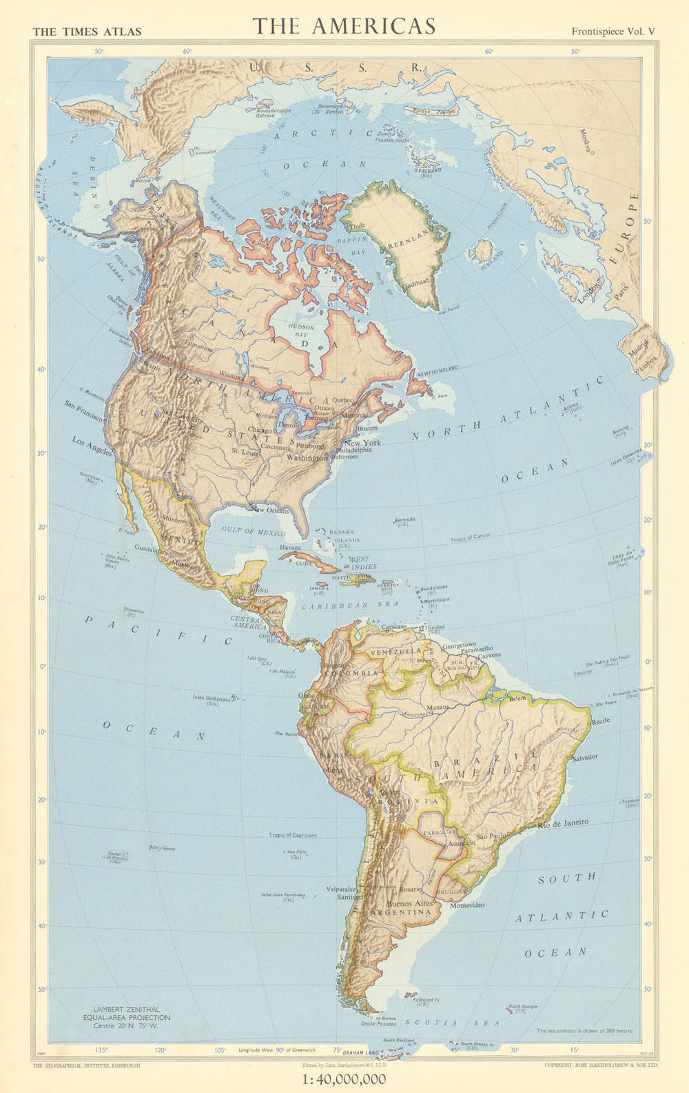 The Americas. Lambert Zenithal equal-area projection. TIMES 1957 old map
