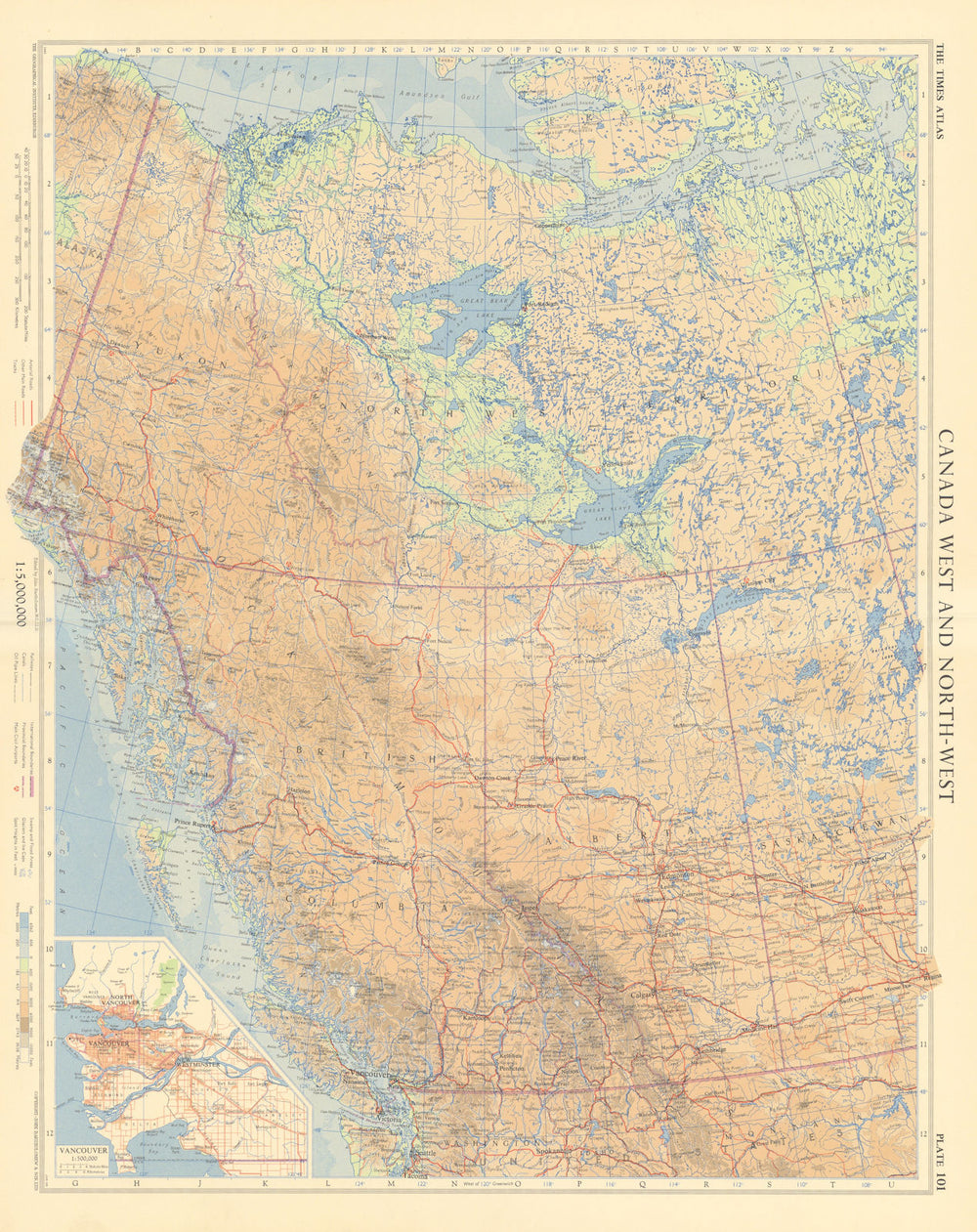 Canada west. Vancouver British Columbia Alberta Yukon. TIMES 1957 old map