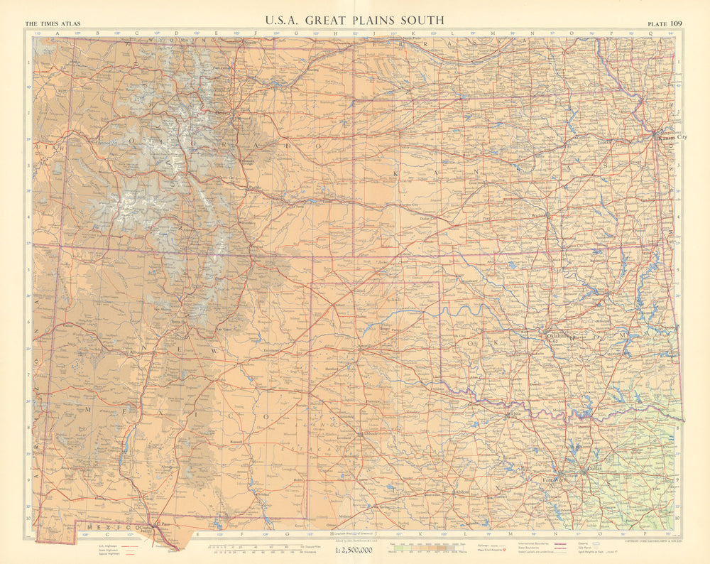 USA Southern Plains & mountain states. Colorado Kansas New Mexico TIMES 1957 map