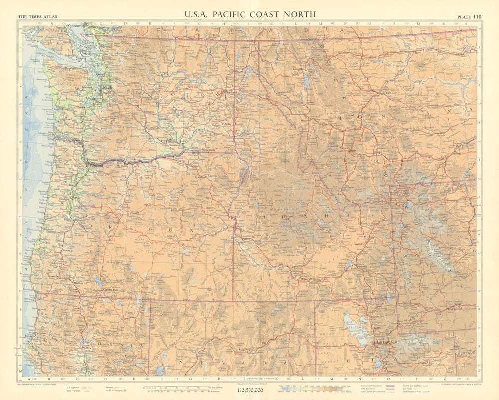 USA Pacific Northwest. Washington Oregon Idaho Montana. TIMES 1957 old map