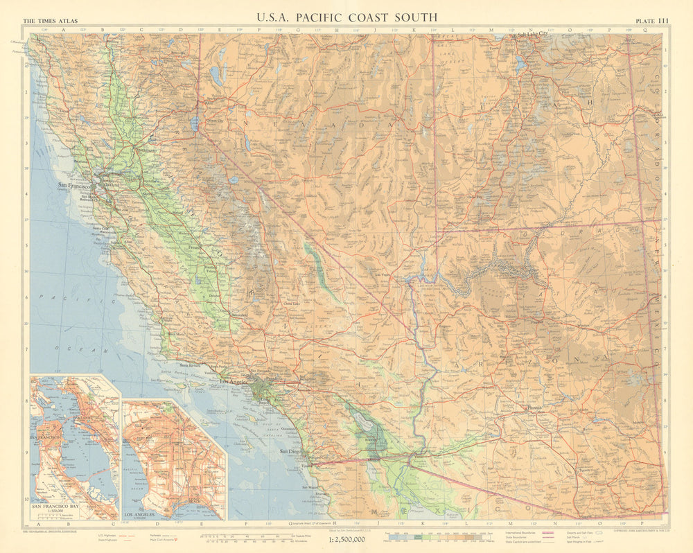 USA Pacific southwest. California Arizona Nevada Utah. TIMES 1957 old map