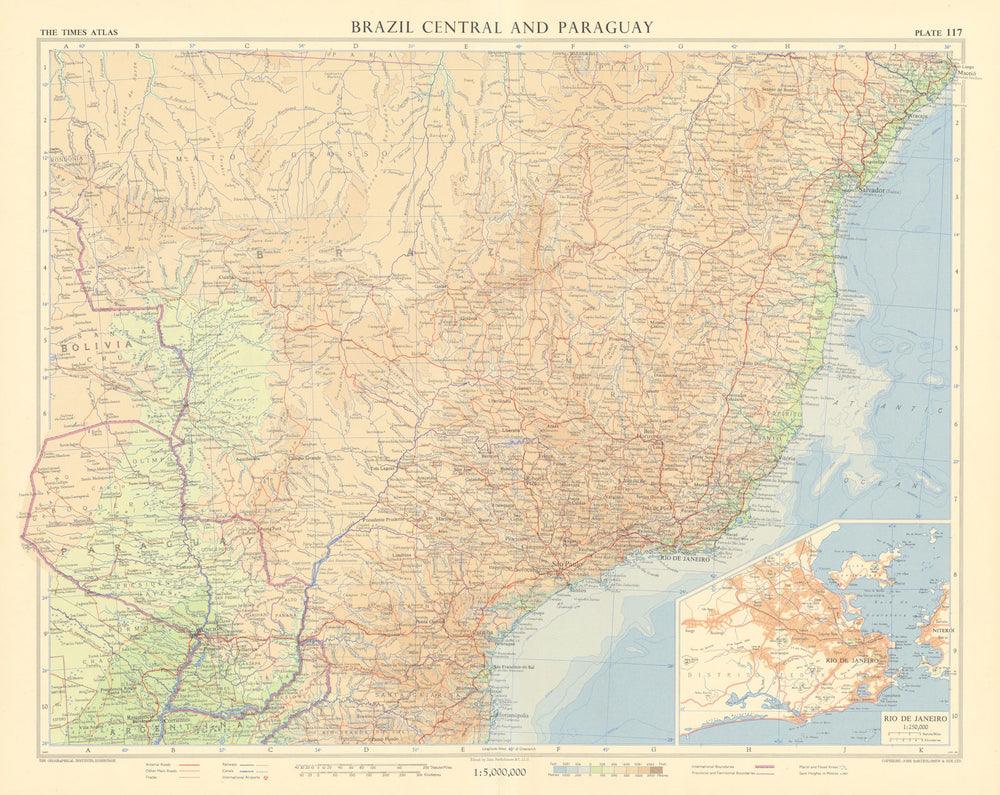 Brazil central & Paraguay. Rio de Janeiro environs. TIMES 1957 old vintage map