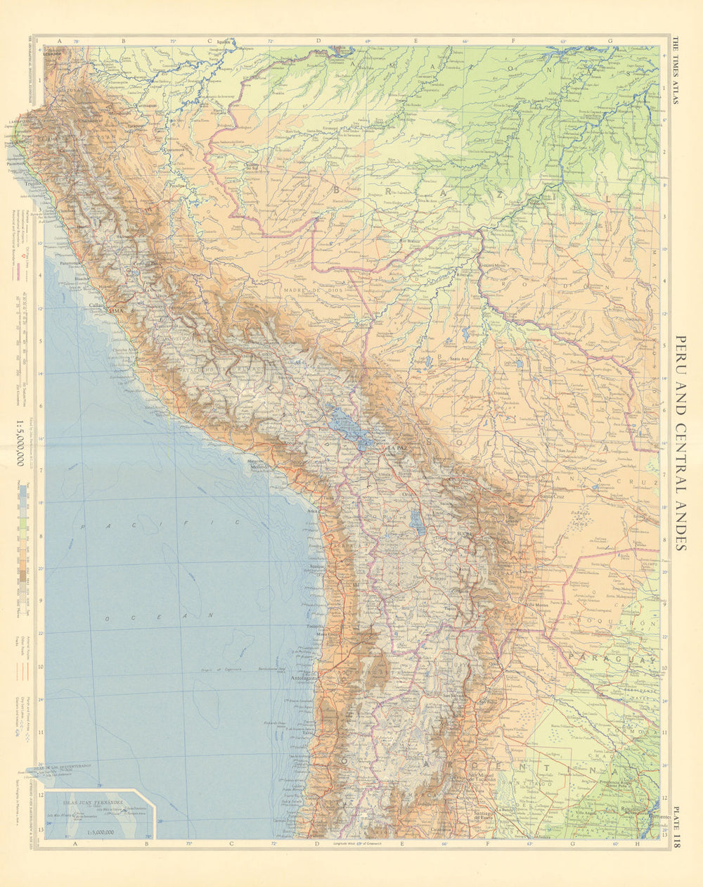 Peru & central Andes. Bolivia Chile Amazonai. Andean States. TIMES 1957 map