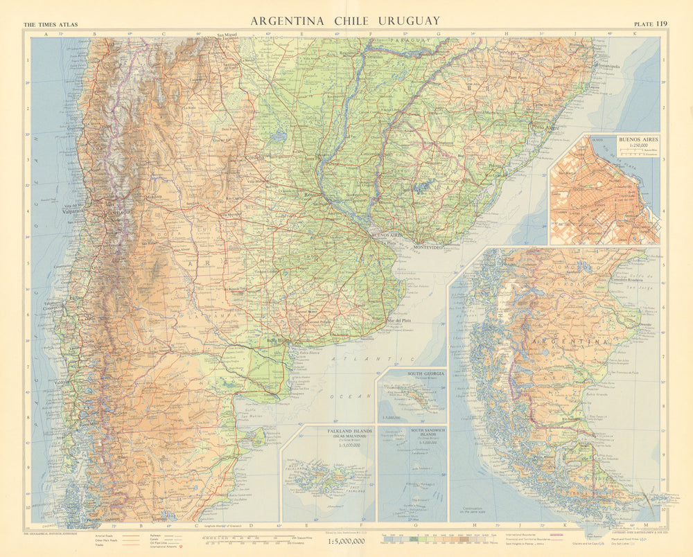 Argentina Chile Uruguay. Buenos Ayres plan. South America. TIMES 1957 old map