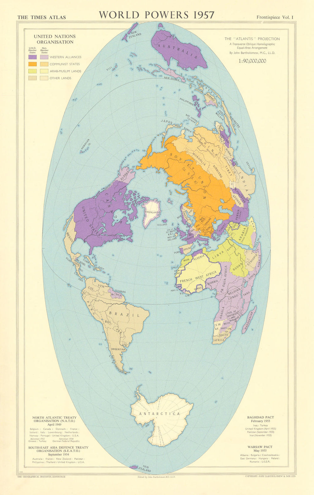 World Powers 1957. Western Alliances. NATO SEATO Baghdad Pact. TIMES 1957 map