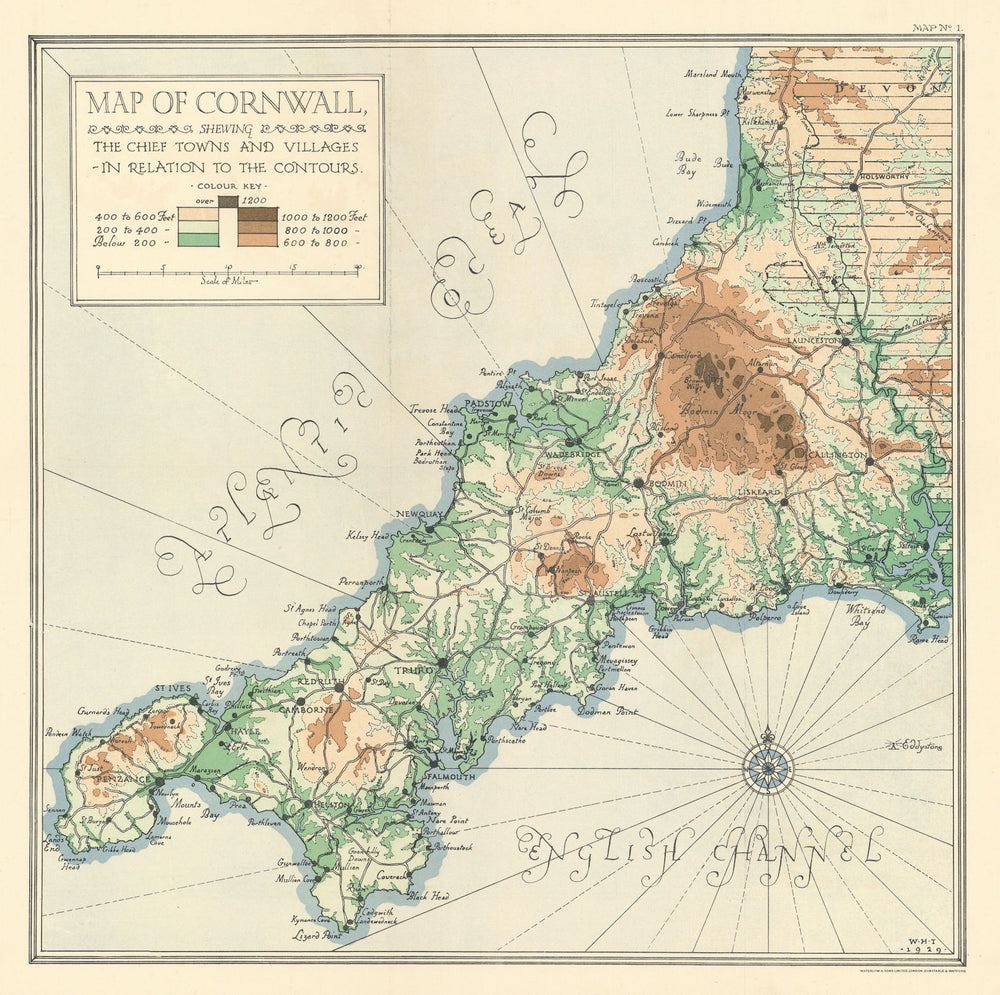 CORNWALL contours. Main towns & villages. HARDING THOMPSON 1930 old map