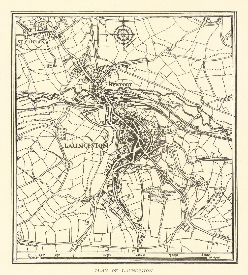 Town plan of LAUNCESTON Cornwall by William Harding Thompson 1930 old map