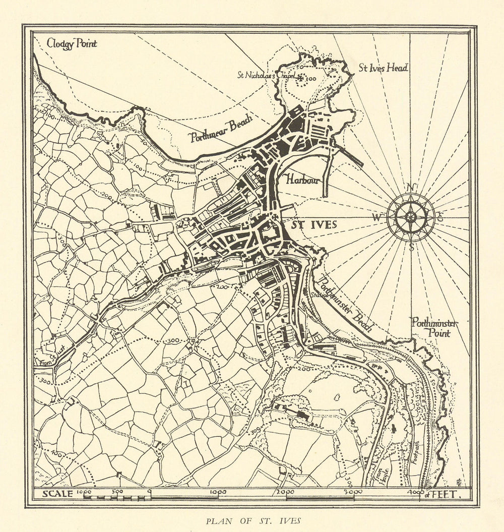 Town plan of ST. IVES Cornwall by William Harding Thompson 1930 old map