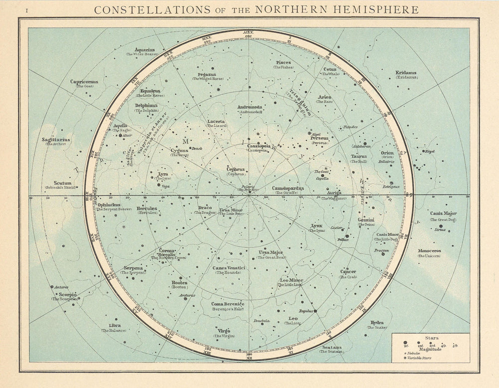Northern Hemisphere constellations. Night sky. Star chart. THE TIMES 1895 map