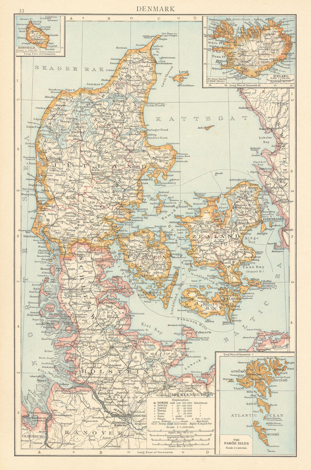 Denmark & Schleswig-Holstein. Faroe islands Iceland Bornholm. THE TIMES 1895 map