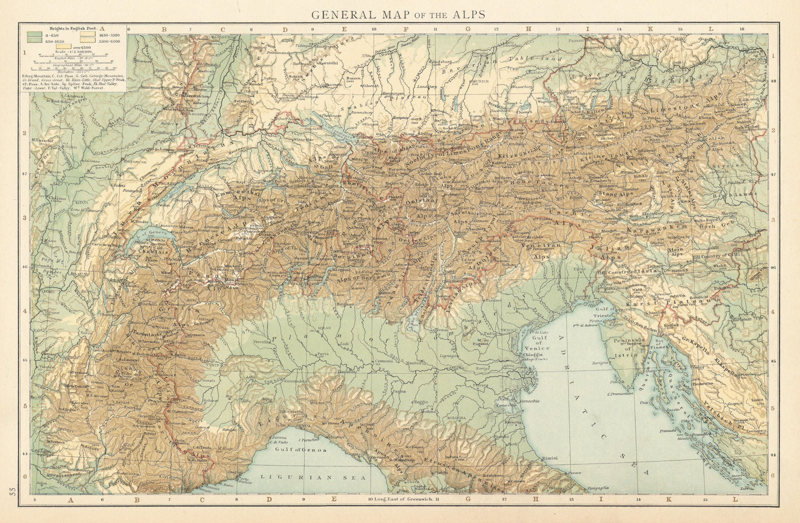 General map of the Alps, showing the alpine ranges. THE TIMES 1895 old ...