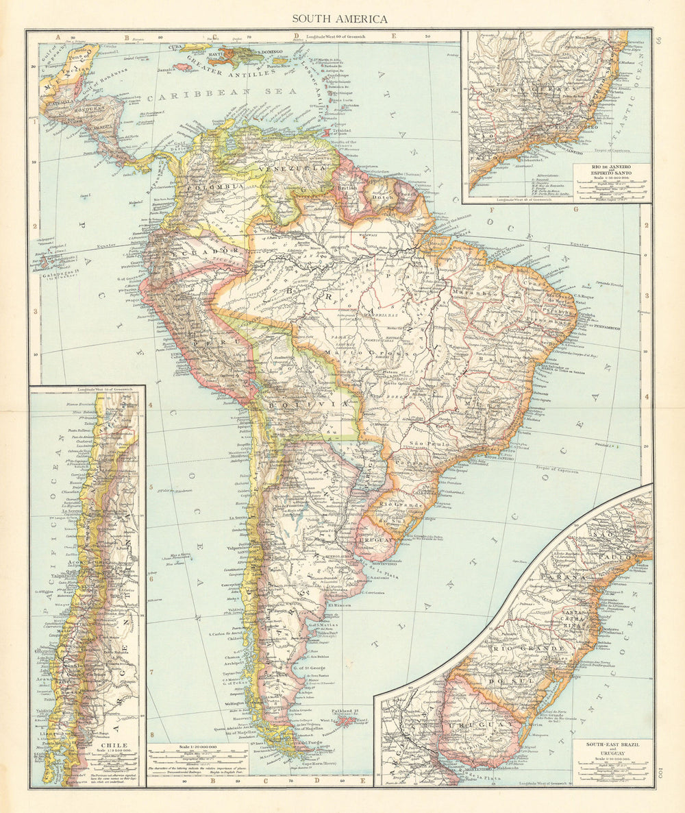 South America. Chile Brazil Uruguay Argentina Peru. THE TIMES 1895 old map
