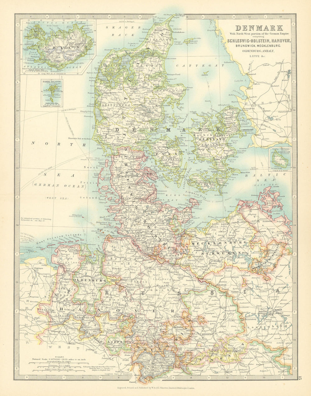 DENMARK & NORTHERN GERMANY. Schleswig-Holstein Hanover. JOHNSTON 1911 old map