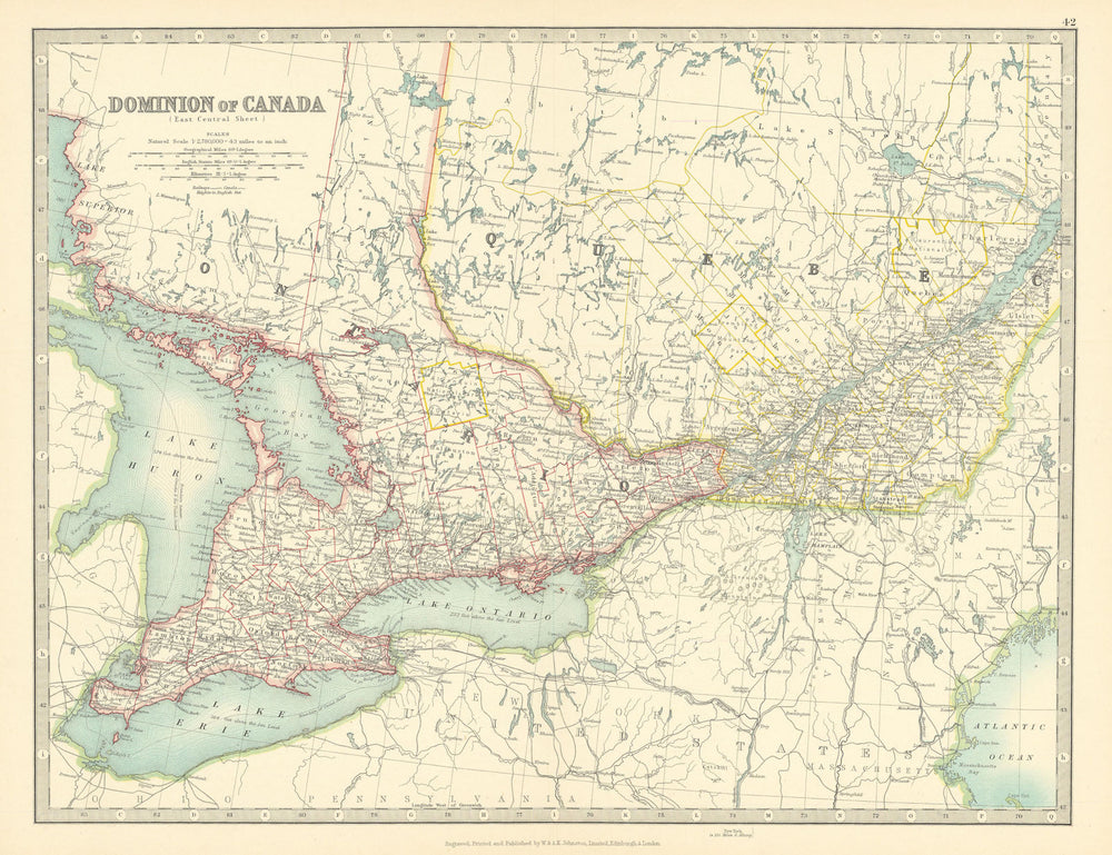 QUEBEC & ONTARIO. Lake Huron Lake Erie Lake Ontario. Canada. JOHNSTON 1911 map