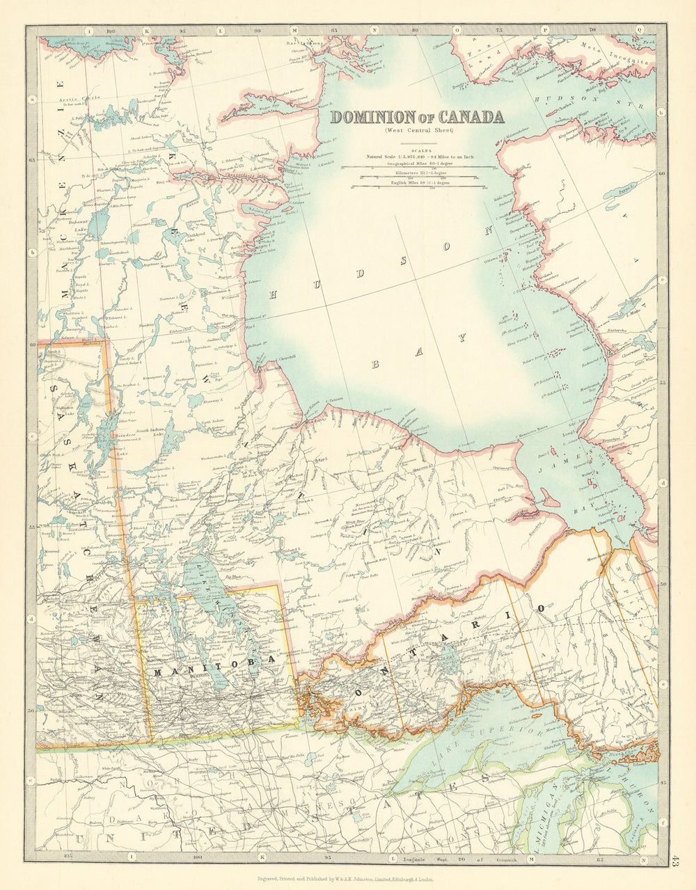 HUDSON BAY & CENTRAL CANADA. Manitoba. Northern Ontario. JOHNSTON 1911 old map