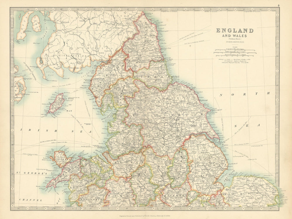 ENGLAND & WALES NORTH Showing railways canals lightships JOHNSTON 1897 old map