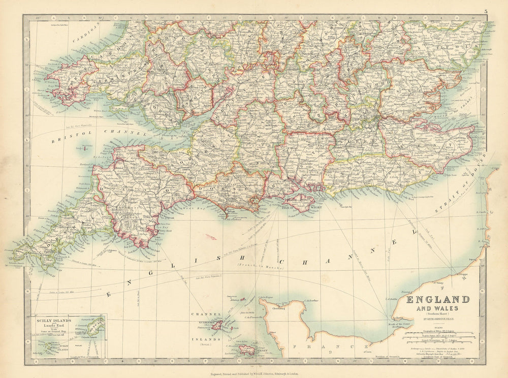 ENGLAND & WALES SOUTH Showing railways canals lightships JOHNSTON 1897 old map